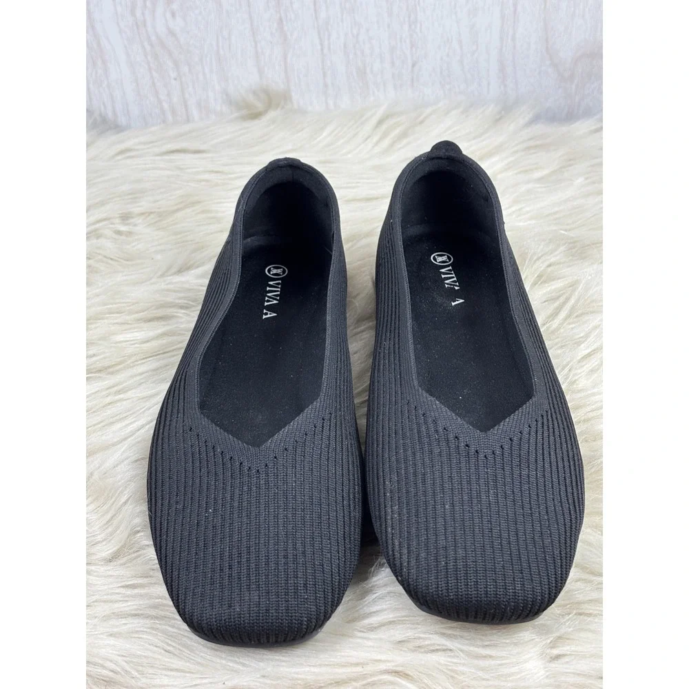 VIVAIA Margot 2.0 Flats 39 US 8 Black Square Toe V Cut Knit Sustainable Chic